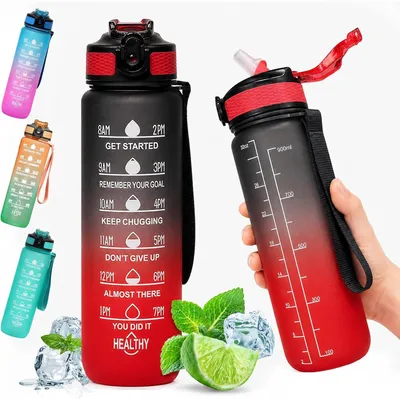 Produktbild von Sportwasserflasche mit Zeitmarkierungen, 1 Liter, mit Trinkhalm, für Fitness und Alltag