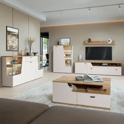 Produktbild von Wohnzimmer-Set in Beige & Eiche mit Couchtisch & Sideboard, 5-teilig - CARMONA-129
