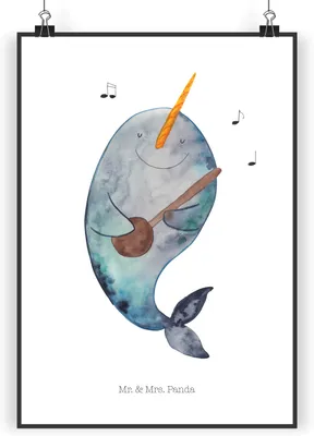 Produktbild von Mr. & Mrs. Panda Bild Narwal Gitarre DIN A3 - Weiß - Geschenk, drucke, Tanzen, Wal, Plakat, Meer, wanddeko, Wandbild, Gespräche, Posterdruck, Probleme