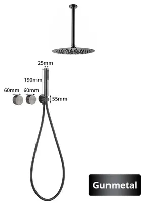 Immagine prodotto di Sistema doccia - Doccia a pioggia con soffione manuale - Montaggio a parete - Soffione rotondo da 30 cm - Ottone - Miscelatore a due manopole - Finitura gunmetal