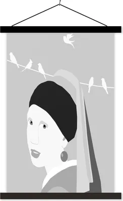 Produktbild von MuchoWow® Textilposter Girl With A Pearl Earring - Schwarz - Weiß - Vogel 60x90 cm mit schwarzem Rahmen - Poster Wohnzimmer