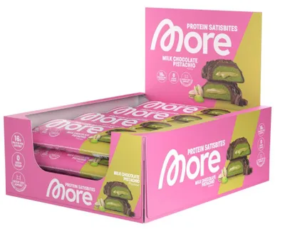 Productafbeelding van More Nutrition Protein Satisbites - 12 repen, 2x25g, melkchocolade met pistachenoten