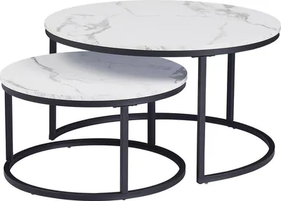 Produktbild von Happyment Luxus Couchtisch-Set – 2er Set – Marmoroptik – Rund – Weiß – Schwarzes Metallgestell – Wohnzimmer – Landhausstil – 80 cm & 60 cm
