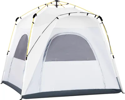 Image de Outsunny Tente de camping, tente pop up dôme familiale 4 personnes, avec 4 portes 4 fenêtres sac de transport inclus pour le camping randonnée blanc gris