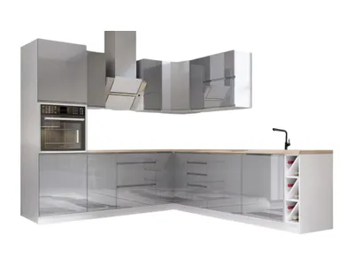 Produktbild von Winkelküche – Eckküche – Küchenzeile L-Form – Komplettküche – Küchenzeile – Velmora – K67-G250 – 270 x 250 cm – Grau Hochglanz Ohne Arbeitsplatte