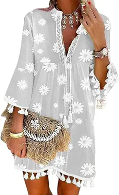 Obrázok produktu pre Dámske plážové šaty elegantné ležérne šaty áčkového strihu letné šaty boho výstrih do V so strapcom tunika Vintage Bohemia minišaty plážové šaty