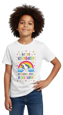 Produktbild von Spreadshirt Bye Bye Regenbogen Einhorn Einschulung Kinder T-Shirt, 98/104 (3-4 Jahre), Weiß