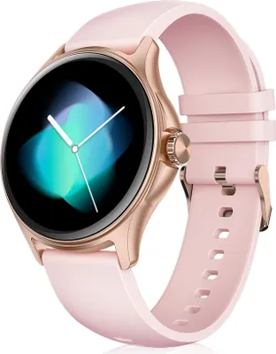 A close-up studio shot of a pink smartwatch with a rose gold casing, displayed against a white background.