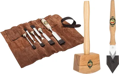 Produktbild von KIRSCHEN WOODWORKER Essentials Set 2 - Stechbeitelsatz 6-10-12-16-20-26 mm in Ledertasche + Holzhammer + Anreißmesser 1821000