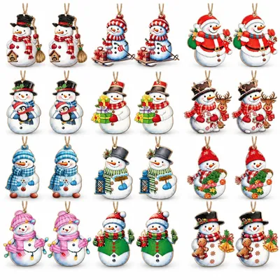 Weihnachtsbaumschmuck 24er Set, 12 Schneemänner, Holz, 9 cm