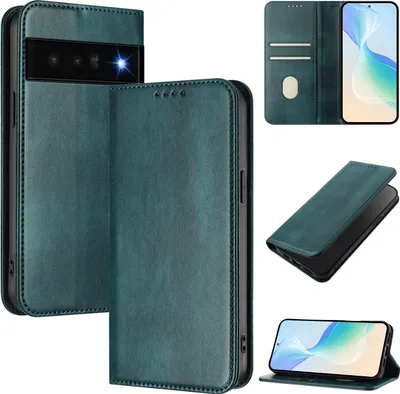 Produktbild von Handyhülle für Google Pixel 6 Pro, Vintage Leder RFID Schutz Kartenfach Standfunktion Magnetische Klapphülle Grün