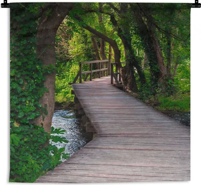 Produktbild von MuchoWow® Wandteppich Wandbehang Wald - Natur - Brücke 120x120 cm Tapisserie Dekoration Wandtuch - Modern - Baumwollgewebe