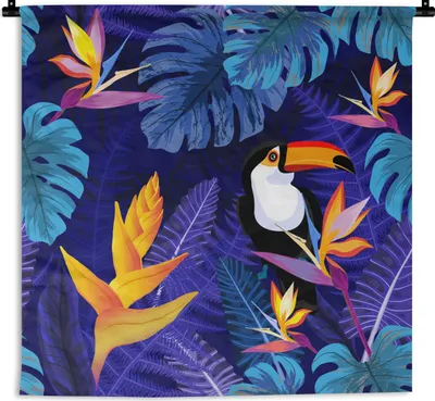 Produktbild von MuchoWow® Wandteppich Wandbehang Dschungel - Tukan - Blumen - Pflanzen - Kinder - Lila - Tiere 120x120 cm Tapisserie Dekoration Wandtuch - Modern - Baumwollgewebe