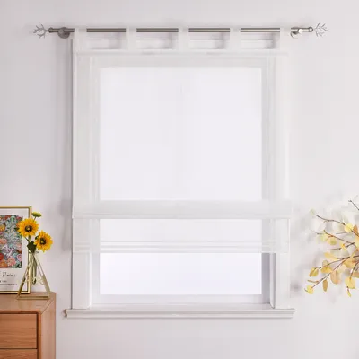 A white sheer Roman blind with horizontal stripes is shown hanging in a window.