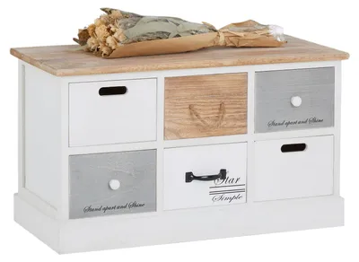 Produktbild von Sitzbank SALVA mit 6 Schubkästen, praktische Garderobenbank, Schuhbank für den Flur, Sitztruhe in weiß im Vintage Shabby Look
