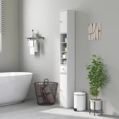 Obrázek produktu pro Skříňka do koupelny, sloupcová – vysoká skříň – úzká, rozměry 20 x 20 x 178 cm – 2 dvířka – 3 otevřené police – zásuvka – dřevo – bílá barva