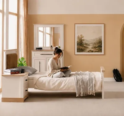 Obrázek produktu pro Jednolůžko, dřevěná postel, béžová barva, moderní design, postel pro mládež, čelo postele, ložnice