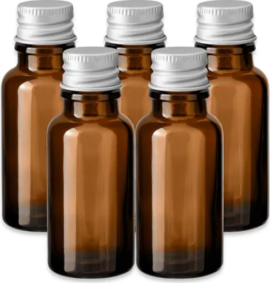 Produktbild von 5x Glasflasche Braun 20 ml mit silbernem Aluminium Schraubverschluss