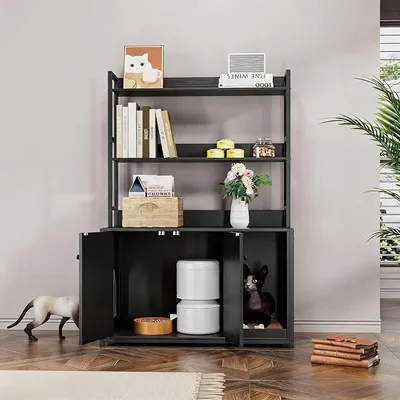 Produktbild von 3-in-1 Katzenschrank mit Bücherregal, Katzenklo Schrank für versteckte Katzentoilette, Katzenhaus mit Kratzmatte für Katzen, Beistelltisch, 3 Ebenen, 89 x 45 x 132 cm, Schwarz