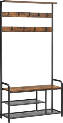 A tall, narrow coat rack with shelves for shoes and a top shelf for storage.