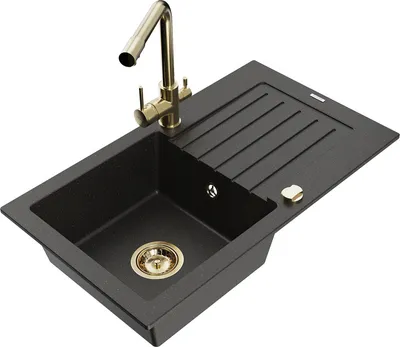 Produktbild von Mexen Pablo 1 Becken-Granitspüle mit Abtropffläche und Mischbatterie Duero, Schwarz/Gold metallisch - 6510-75-671600-50