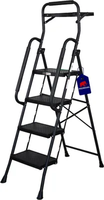 A black stepladder with four steps and a handrail, shown against a white background.