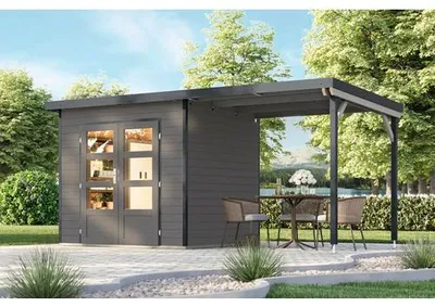 Produktbild von Gartenhaus Karibu Metalwoody 2 B Blech anthrazit inkl. Unterkonstruktion, Anbaudach 561 x 228 cm terragrau