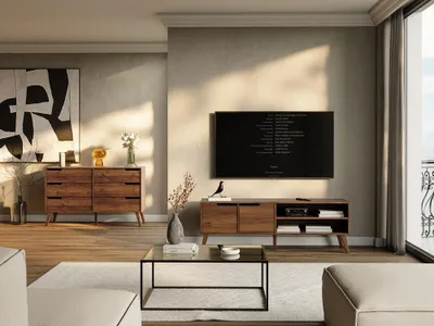 Produktbild von TV-Schrank NORDELO - 160 cm, RTV Schrank, Fernsehschran, Medienmöbel (Warmia Walnut)