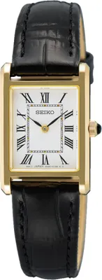 A close-up studio shot of a gold-toned Seiko women's watch with a black leather strap.