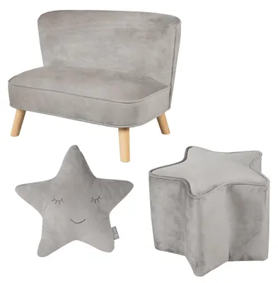 Image de Lot Roba "Lil Sofa" comprenant : un petit canapé pour enfants, un pouf en forme d'étoile, et un coussin décoratif en forme d'étoile, couleur gris argenté