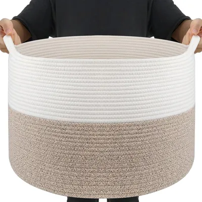 Produktbild von Aufbewahrungskorb für Wohnzimmer, Wäschekorb Geflochten aus Baumwollseil,Spielzeug Korb mit Griffen,Korb für Kuscheltiere,Wäsche,Decken,Kissen,Kleidung,55x35 cm,Weiß Braun