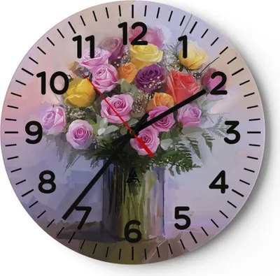 Produktbild von Wanduhr - Rund - Glasuhr - Blumen Vase Grafiken - 30x30cm - Schleichendes Uhrwerk - Lautlos - zum Aufhängen bereit - Dekoration Modern - Wanddekoration aus Glas - C4AR30x30-4207