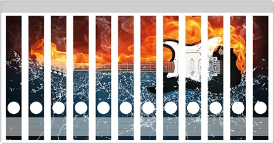 Produktbild von Wallario Ordnerrücken Sticker, selbstklebend für schmale Ordner, 12 Stück, Motiv Feuer-Wasser-Gitarre