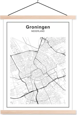 Produktbild von MuchoWow® Textilposter Stadtplan - Groningen - Schwarz und weiß 120x160 cm mit holzfarbenen Rahmen - Plakatkarton
