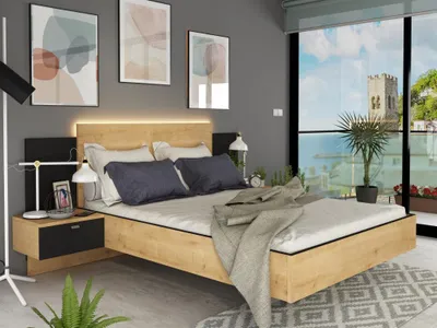 Immagine prodotto di Letto con comodini integrati e 2 cassetti + LED - 140 x 190 cm - Colori naturali e nero - SULOF