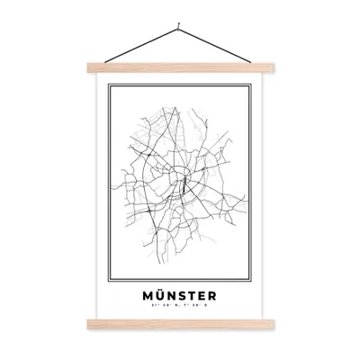 Produktbild von MuchoWow® Textilposter Karte - Münster - Schwarz-Weiß - Stadtplan 40x60 cm mit holzfarbenen Rahmen - Poster