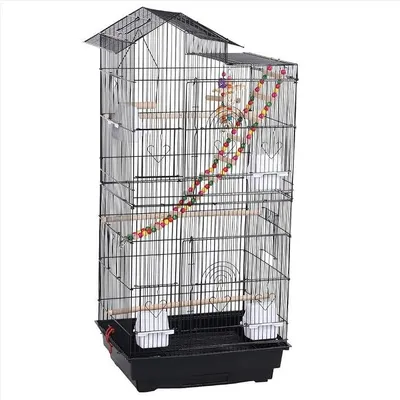 Productafbeelding van Vogelkooi, vogelvolière, parkiettenkooi, zwart, 46 x 35,5 x 99 cm, vogelhuis met speelgoed en klimmogelijkheden