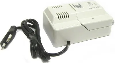 A white electronic device with a black cord and plug, isolated on a white background.