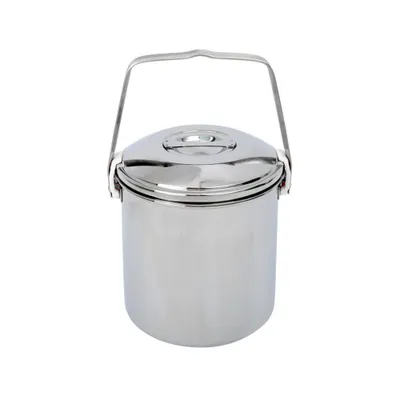 A stainless steel billy can with a lid and handle, presented against a white background.