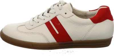 Side view of a white and red sneaker with a brown sole.