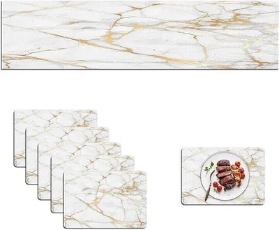 Imagen del producto de Silecomplaza: Manteles individuales y caminos de mesa de mármol dorado de lujo, juego de 6 unidades. Manteles individuales de mármol dorado, modernos manteles individuales de tela para interiores, ideales para la cocina, fabricados con material de lino lavable