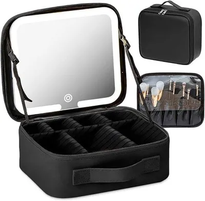 Produktbild von Beleuchtete Kosmetiktasche mit Spiegel und LED-Beleuchtung – Reise-Make-up-Tasche – Wasserabweisendes Kunstleder – Schwarz – Perfekt für Partys und Reisen