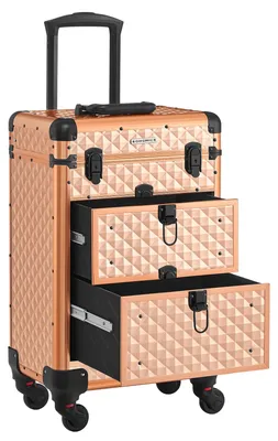 Produktbild von SONGMICS Kosmetikkoffer Trolley, Schminkkoffer 2 Schubladen, Friseurkoffer groß, Make-up Koffer, 34 x 24 x 56 cm, Rollen 360° drehbar, Reisen, Friseure, Geschenkidee, Champagnergold JHZ008A01