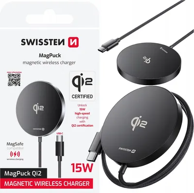 Zdjęcie produktu dla Ładowarka bezprzewodowa SWISSTEN MagPuck Qi2 15 W kompatybilna z MagSafe