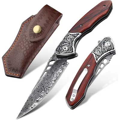 Immagine prodotto di Coltello tascabile damascato VG10, con lama in acciaio damascato, manico in legno e fodero, ideale per campeggio, pesca e attività di sopravvivenza
