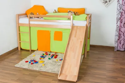 Produktbild von Kinderbett Hochbett Georg mit Rutsche Buche Vollholz massiv natur inkl. Rollrost - 90 x 200 cm