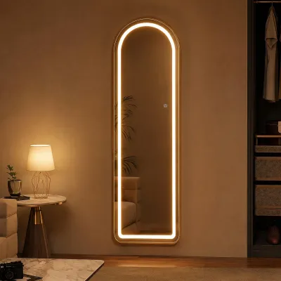 Produktbild von UnboxG LED Ganzkörperspiegel 150x40 cm, Bogenspiegel mit Goldenem Aluminiumrahmen, Standspiegel & Wandspiegel, 3 Lichtfarben, Touch-Steuerung, Explosionsgeschütztes Hartglas