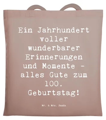 Produktbild von Mr. & Mrs. Panda Tote Bag Spruch 100. Geburtstag Erinnerungen - Braun Pastell - Geschenk, Stoffbeutel, Laptoptasche, gemeinsame Erlebnisse, Jubiläum, Jutetasche, Tasche