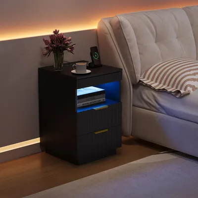 Productafbeelding van Nachtkastje 40x40x60 cm met LED-verlichting, stopcontacten en USB-poorten, 2 lades + een verborgen lade, golfpatroon aan de voorkant, nachtkastje voor de slaapkamer, zwart