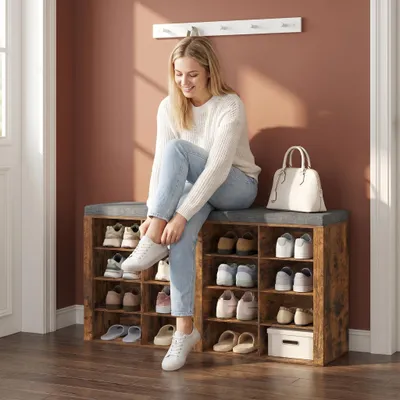Produktbild von Schuhbank mit Sitzfläche, 16 Fächern, Vintage Braun | Schuhschrank mit Sitzbank, Verstellbare Ablagen, Für Wohnzimmer, Schlafzimmer, Flur